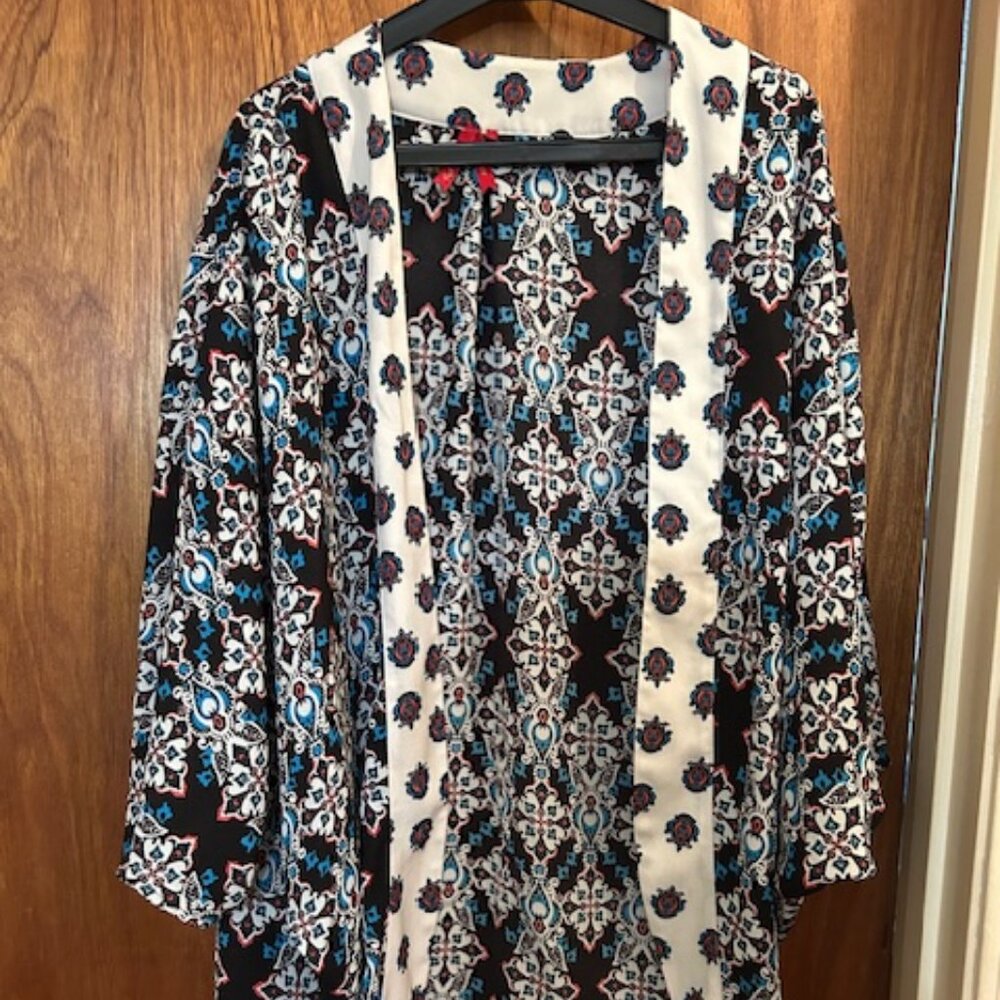Boho Tribal Fringe Kimono – Multicolor Geometric Print Open Front Layer Size M